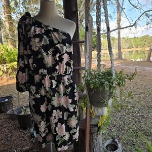 Who What Wear Black One Shoulder Tropical Print Elastic Waist Dress Size Large